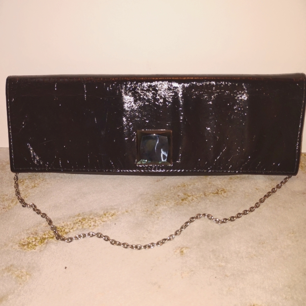 Angie and Lola black patent evening clutch with chain.